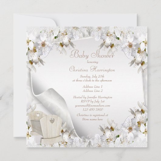 白いリリーとクリブのベビーシャワー 招待状 (裏面)