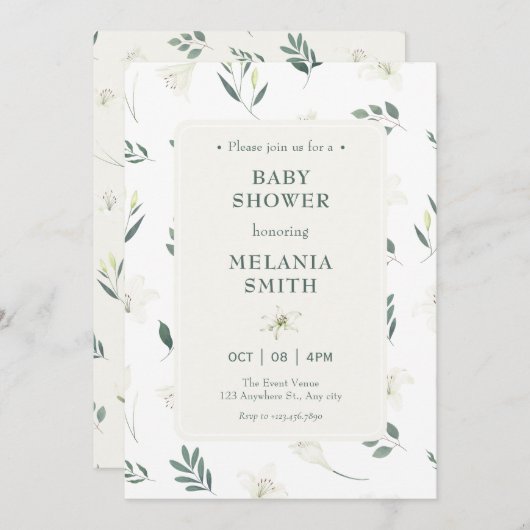 白いリリーフローラの赤ちゃんシャワー 招待状 (正面/裏面)