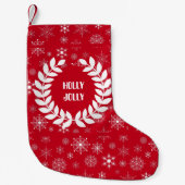 白いリースと抽象芸術の雪片パターン スモールクリスマスストッキング (正面)