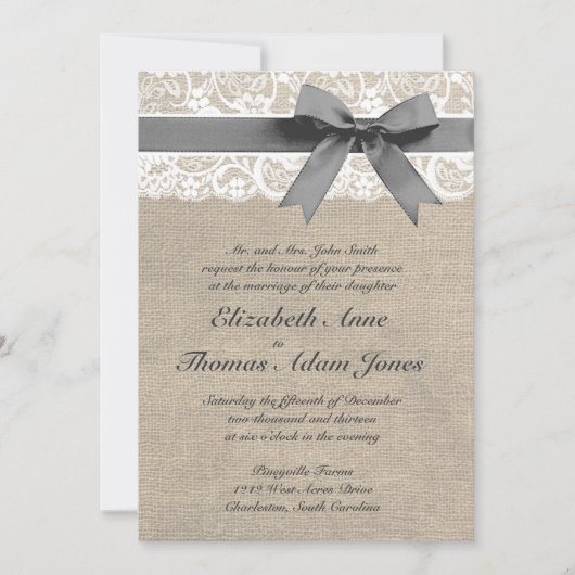 白いレースおよびバーラップの一見の結婚式招待状 招待状 (正面)