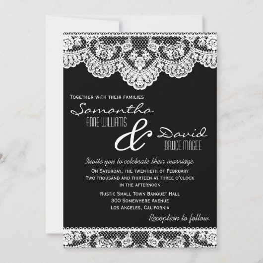 白いレースおよび黒い結婚式招待状 招待状 (正面)