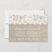 白いレースとバーラップのウェディングシャワーレシピカード (正面)