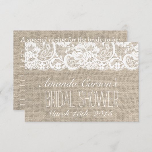 白いレースとバーラップのウェディングシャワーレシピカード (正面/裏面)