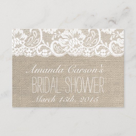 白いレースとバーラップのウェディングシャワーレシピカード (正面)