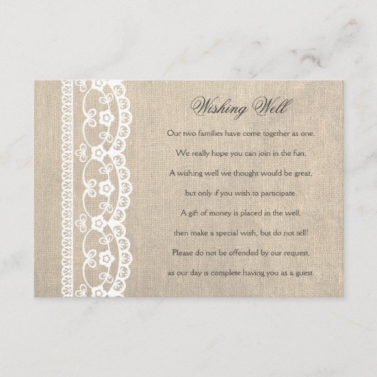 白いレースと麻の結婚式の願い井戸のカード エンクロージャーカード (正面)
