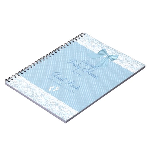 白いレースのイメージの青い弓ベビーシャワーの来客名簿 ノートブック (左側)