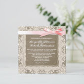 白いレースのピンクの蝶結びと麻の結婚式の招待状 招待状 (スタンド正面)