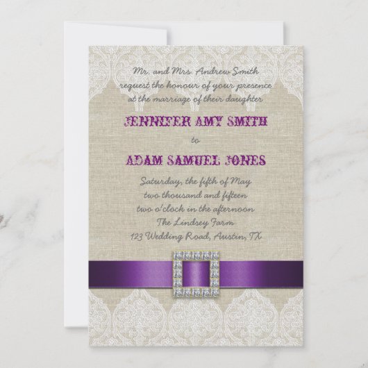 白いレースの素朴な結婚式|の紫色のリボンの麻布 招待状 (正面)