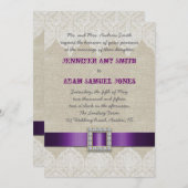 白いレースの素朴な結婚式|の紫色のリボンの麻布 招待状 (正面/裏面)