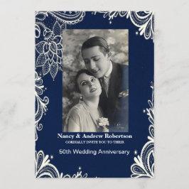 白いレースの青い航海50周年結婚記念日 招待状