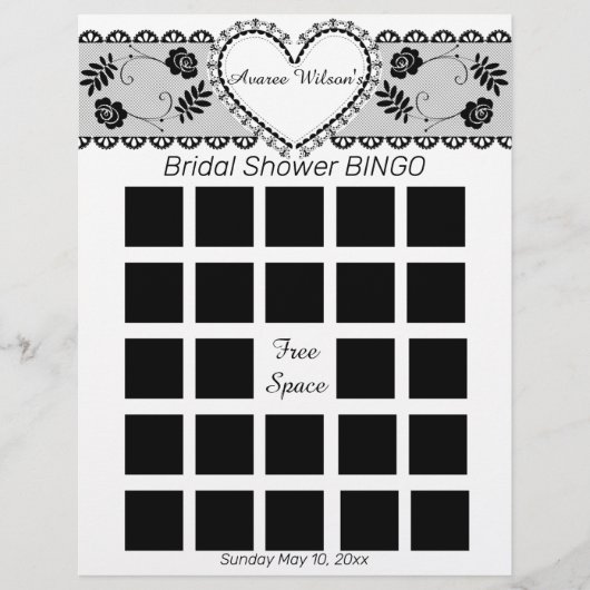 白いレースの黒いウェディングシャワービンゴ チラシ (正面)