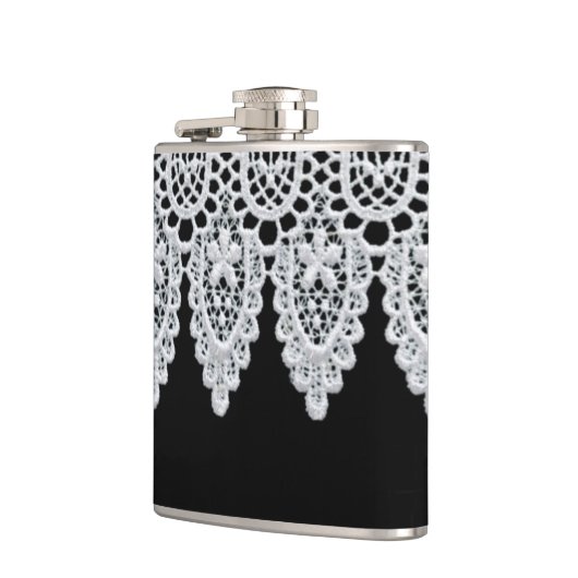 白いレースは黒に対して敏感なボーダーを形作ります フラスク (左)