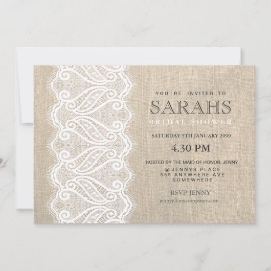 白いレース及びバーラップのブライダルシャワーのパーティーの招待 招待状 (正面)