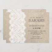 白いレース及びバーラップのブライダルシャワーのパーティーの招待 招待状 (正面/裏面)