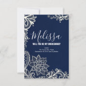 白いレース ネイビーブルー 私の花嫁の介添人になってくれますか 招待状 (正面)