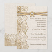 白いレース、リボン、花 & バルカンウェディング 招待状 (正面/裏面)