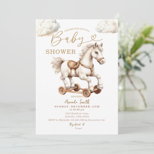 白いロッキングホース男女兼用赤ちゃんシャワー 招待状 (スタンド正面)