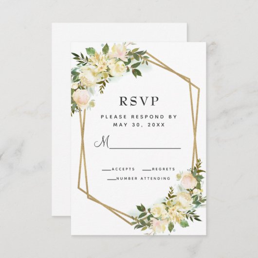 白いローズエレガントフローラ金ゴールド結婚フレーム 出欠カード (正面/裏面)