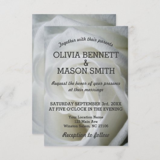 白いローズテクスチャ結婚カード 招待状 (正面/裏面)