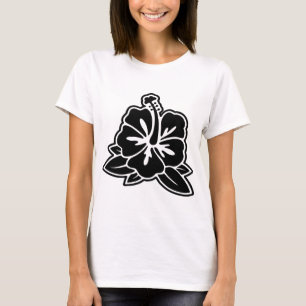 白いワイシャツ-黒いハイビスカス Tシャツ
