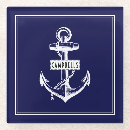 白いヴィンテージいかり、名前navy blueのフレーム ガラスコースター (正面)