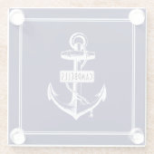 白いヴィンテージいかり、名前navy blueのフレーム ガラスコースター (裏面)