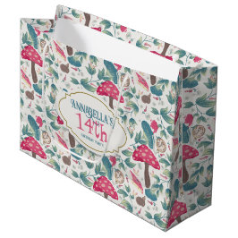 白いヴィンテージコテージコアのキノコの誕生日 ラージペーパーバッグ