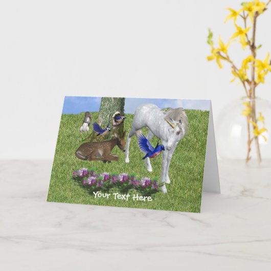 白い一角獣と友人の動物写真カード カード (黄色い花)