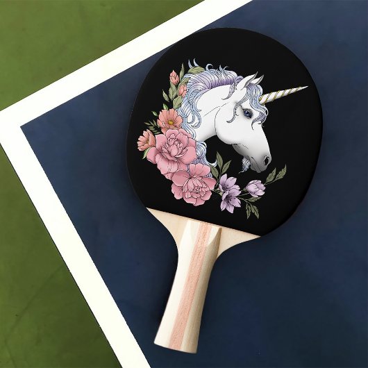 白い一角獣と花 卓球ラケット