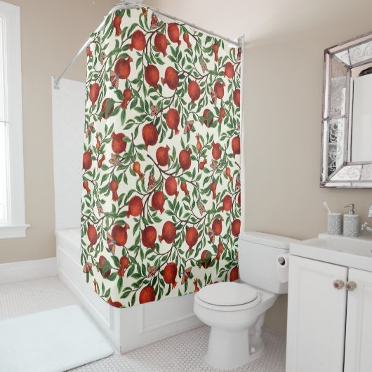 白い上にザクロとベラモス シャワーカーテン (インサイチュ)