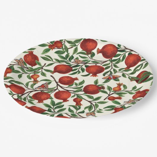 白い上にザクロとベラモス ペーパープレート (アングル)