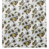 白い上にデイジーの蝶や花 シャワーカーテン (正面)