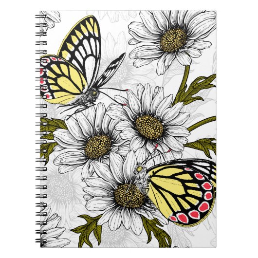 白い上にデイジーの蝶や花 ノートブック (正面)