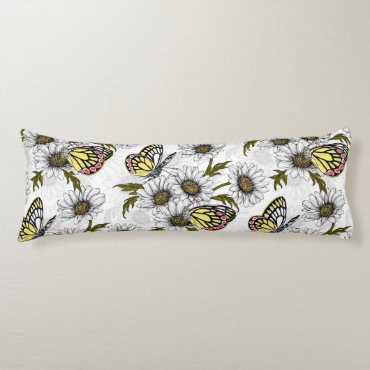 白い上にデイジーの蝶や花 ボディピロー (正面)