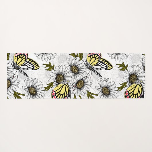 白い上にデイジーの蝶や花 ヨガマット (裏面(横))