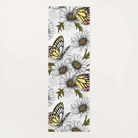 白い上にデイジーの蝶や花 ヨガマット (裏面)