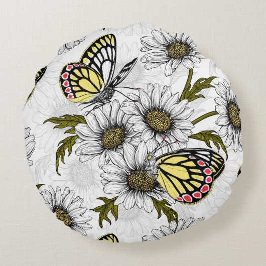 白い上にデイジーの蝶や花 ラウンドクッション (裏面)