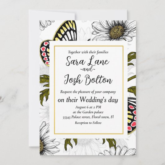 白い上にデイジーの蝶や花 招待状 (正面)