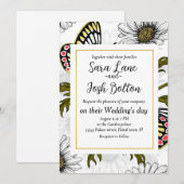 白い上にデイジーの蝶や花 招待状 (正面/裏面)