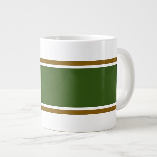 白い上に広い森の緑の茶色ストライプのレース ジャンボコーヒーマグカップ (正面右)