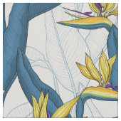白い上に楽園の花の鳥 ファブリック (クローズアップ)