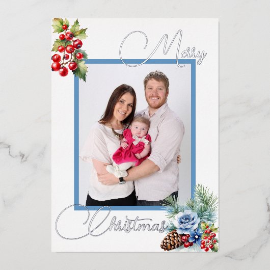 白い上に氷の青とベリーのクリスマスグリーティング 箔シーズンカード (正面)