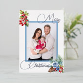 白い上に氷の青とベリーのクリスマスグリーティング 箔シーズンカード (立ち正面)