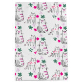 白い上に猫と花 ミディアムペーパーバッグ (正面)