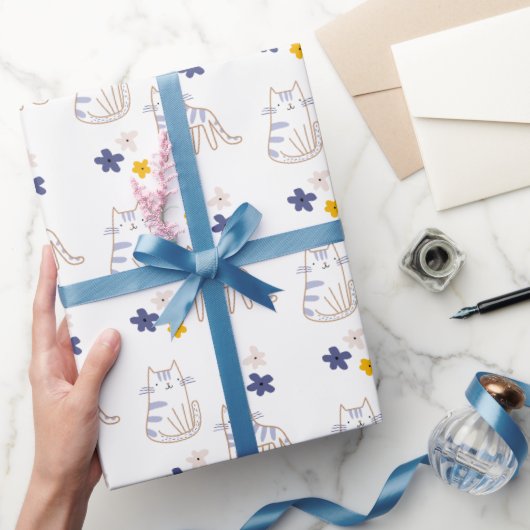 白い上に猫と花 ラッピングペーパー (ギフト)