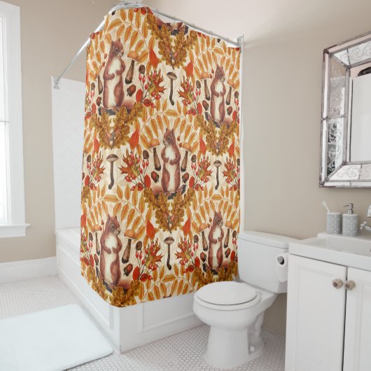 白い上に秋のリス シャワーカーテン (インサイチュ)