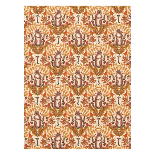 白い上に秋のリス テーブルクロス (正面)