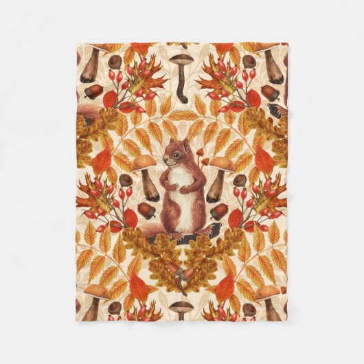 白い上に秋のリス フリースブランケット (正面)