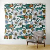 白い上に蜂の食べ物、青い蝶やデイジー タペストリー (インサイチュ(横))