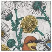 白い上に蜂の食べ物、青い蝶やデイジー ファブリック (見本)